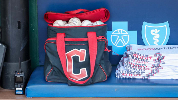 Jun 30, 2024; Kansas City, Missouri, USA; Cleveland Guardians ball bag sits in the dugout prior to the game against the Kansas City Royals at Kauffman Stadium. Mandatory Credit: William Purnell-Imagn Images Jun 30, 2024; Kansas City, Missouri, USA; Cleveland Guardians ball bag sits in the dugout prior to the game against the Kansas City Royals at Kauffman Stadium. Mandatory Credit: William Purnell-Imagn Images