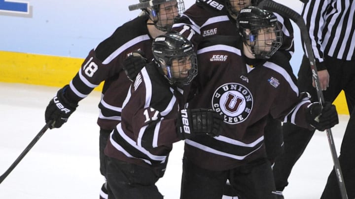 Apr 10, 2014; Philadelphia, PA, USA; Union Dutchmen forward Daniel Ciampini (17) celebrates his goal with forward Max Novak (18), forward Kevin Sullivan (16)  and defenseman Charlie Vasaturo (6) during the third period against the Boston College Eagles in the semifinals of the Frozen Four college ice hockey tournament at Wells Fargo Center. Union defeated Boston College, 5-4. Mandatory Credit: Eric Hartline-Imagn Images