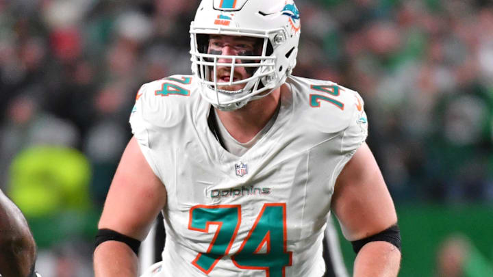 Oct 22, 2023; Philadelphia, Pennsylvania, USA; Miami Dolphins offensive tackle Liam Eichenberg (74)