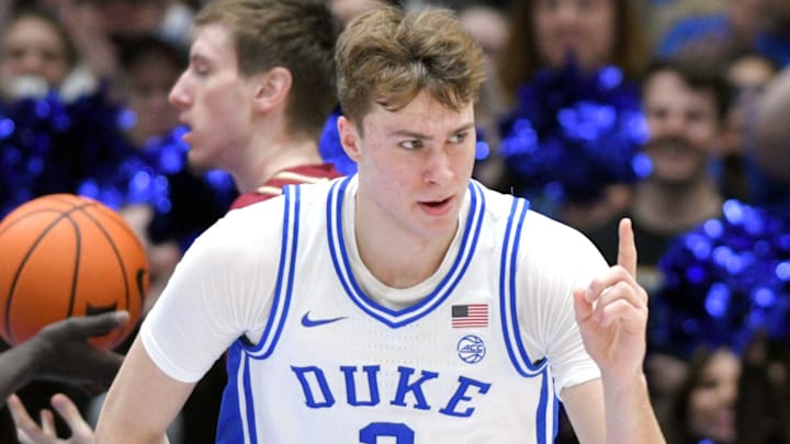 Mar 1, 2025; Durham, North Carolina, USA;  Duke Blue Devils forward Cooper Flagg (2) reacts after scoring during the first half against the Florida State Seminoles at Cameron Indoor Stadium. Mandatory Credit: Zachary Taft-Imagn Images