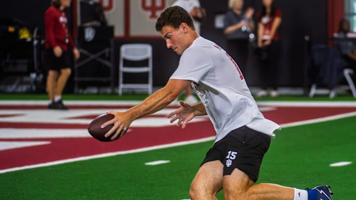Fernando Mendoza participates in Indiana University's Pro Day at Mellencamp Pavilion on Wednesday, April 1, 2026. Fernando Mendoza participates in Indiana University's Pro Day at Mellencamp Pavilion on Wednesday, April 1, 2026.