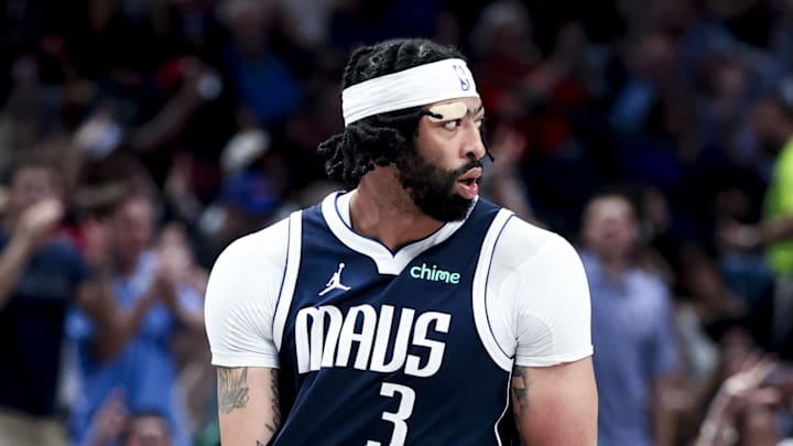 Apr 2, 2025; Dallas, Texas, USA;  Dallas Mavericks forward Anthony Davis (3) reacts after scoring against the Atlanta Hawks during the third quarter at American Airlines Center. Mandatory Credit: Kevin Jairaj-Imagn Images