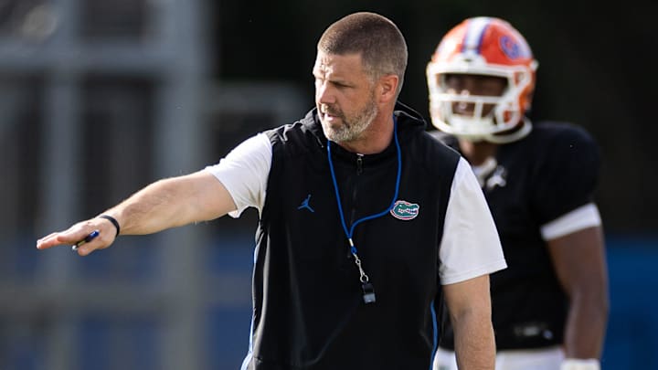 Florida Gators head coach Billy Napier gestures during spring football practice at Heavener Football Complex at the University of Florida in Gainesville, FL on Tuesday, April 2, 2024. [Matt Pendleton/Gainesville Sun]