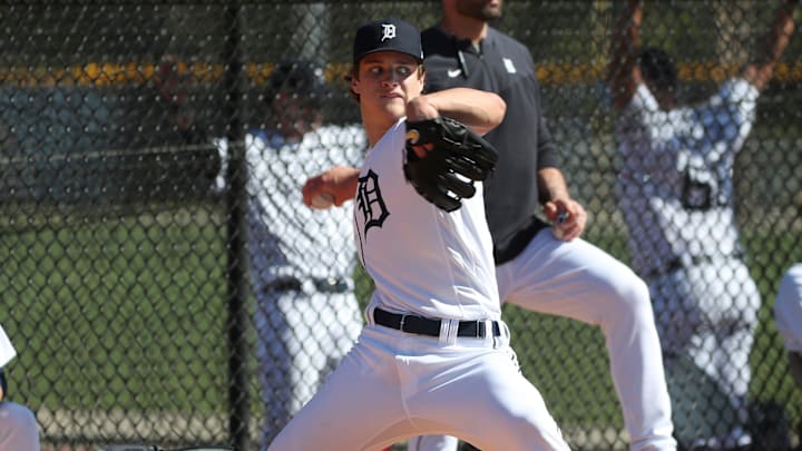 Detroit Tigers right handed pitching prospect Jackson Jobe throws during minor-league minicamp Sunday, Feb. 20, 2022, at TigerTown in Lakeland, Florida
