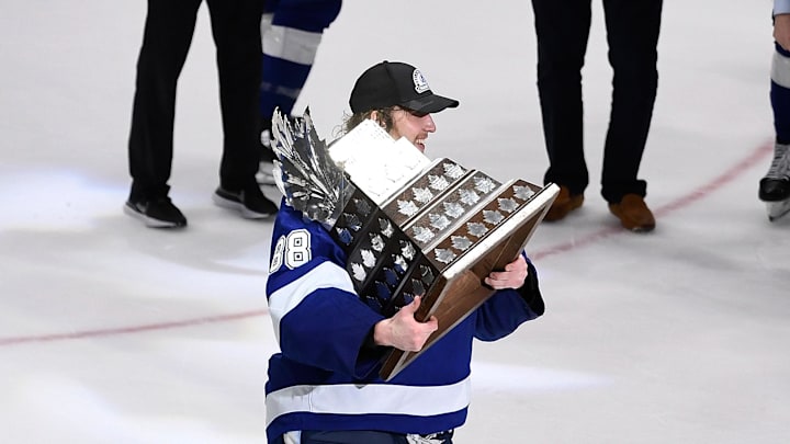 Jul 7, 2021; Tampa, Florida, USA; Tampa Bay Lightning goaltender Andrei Vasilevskiy (88) receives the Conn Smythe trophy after the Lightning defeated the Montreal Canadiens 1-0 in game five to win the 2021 Stanley Cup Final at Amalie Arena. Mandatory Credit: Douglas DeFelice-USA TODAY Sports