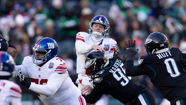 Jan 5, 2025; Philadelphia, Pennsylvania, USA; New York Giants quarterback Drew Lock (2) passes the ball against the Philadelphia Eagles fourth quarter at Lincoln Financial Field. Jan 5, 2025; Philadelphia, Pennsylvania, USA; New York Giants quarterback Drew Lock (2) passes the ball against the Philadelphia Eagles fourth quarter at Lincoln Financial Field.