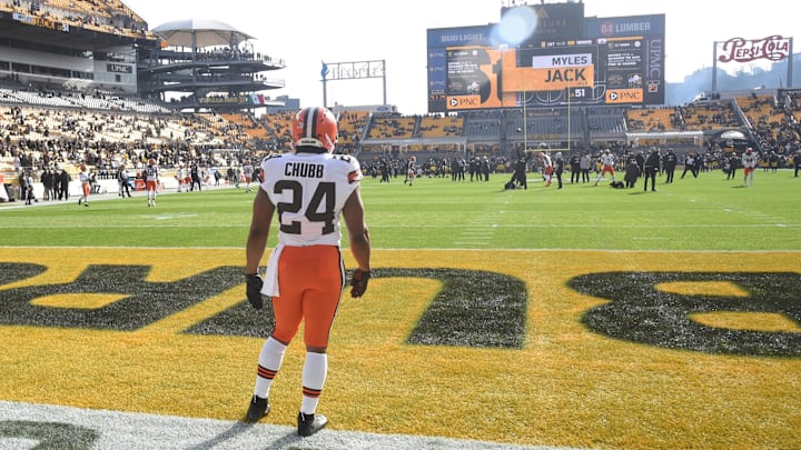 Jan 8, 2023; Pittsburgh, Pennsylvania, USA;  Cleveland Browns running back Nick Chubb (24) before playing the Pittsburgh Steelers at Acrisure Stadium. Mandatory Credit: Philip G. Pavely-Imagn Images