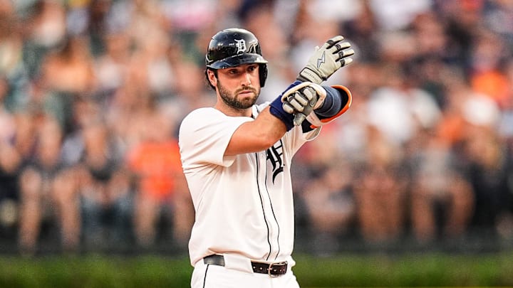 Detroit Tigers center fielder Matt Vierling (8) bats a double against Minnesota Twins during the fifth inning at Comerica Park in Detroit in Tuesday, August 5, 2025.