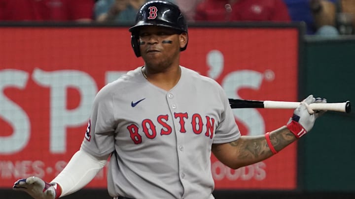 Mar 29, 2025; Arlington, Texas, USA; Boston Red Sox third base Rafael Devers (11) reacts after a pitched taken for a ball during the second inning against the Texas Rangers at Globe Life Field. Mar 29, 2025; Arlington, Texas, USA; Boston Red Sox third base Rafael Devers (11) reacts after a pitched taken for a ball during the second inning against the Texas Rangers at Globe Life Field.