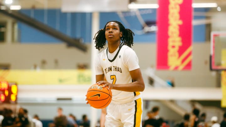 Team Thad’s Jasper Johnson (2) prepares to shoot a free throw during a game against Team Bradley Beal Elite during the Nike Elite Youth Basketball League session one on Friday, April 26, 2024 at the Memphis Sports & Event Center in Memphis, Tenn.