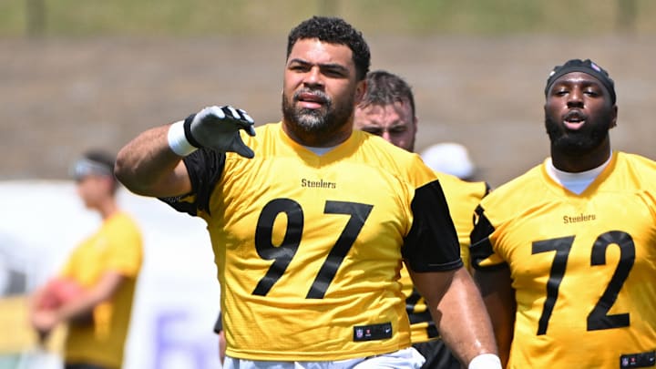 Jul 25, 2025; Pittsburgh, PA, USA; Pittsburgh Steelers defensive tackle Cameron Heyward (97) participates in drills during training camp at Saint Vincent College. Mandatory Credit: Barry Reeger-Imagn Images
