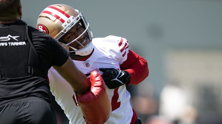 Jun 11, 2025; Santa Clara, CA, USA; San Francisco 49ers defensive end Bryce Huff (47) participates in a pass rush drill during a team OTA at Levi's Stadium. Mandatory Credit: D. Ross Cameron-Imagn Images