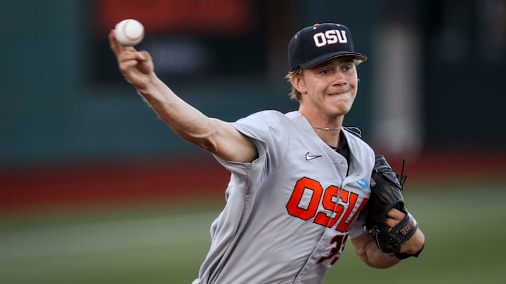 Oregon State pitcher Laif Palmer (33) throws the ball toward first base in game 2 of the NCAA Super Regional against Florida State at Goss Stadium on Saturday, June 7, 2025 in Corvallis. Oregon State pitcher Laif Palmer (33) throws the ball toward first base in game 2 of the NCAA Super Regional against Florida State at Goss Stadium on Saturday, June 7, 2025 in Corvallis.