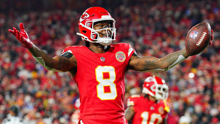 Dec 8, 2024; Kansas City, Missouri, USA; Kansas City Chiefs wide receiver DeAndre Hopkins (8) celebrates after scoring against the Los Angeles Chargers during the first half at GEHA Field at Arrowhead Stadium. Mandatory Credit: Denny Medley-Imagn Images