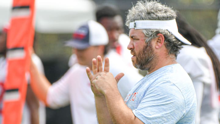 Ole Miss defensive coordinator Pete Golding signals during football practice in Oxford, Miss. on Friday, Aug. 11, 2023.