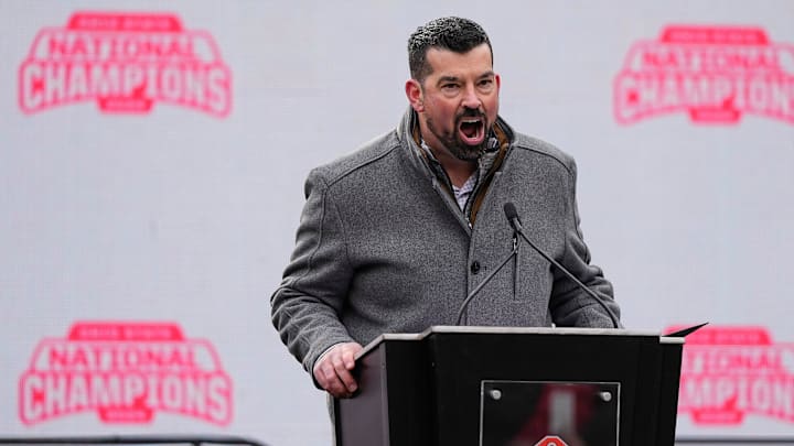 Head coach Ryan Day fires up the crowd during the Ohio State Buckeyes College Football Playoff National Championship celebration at Ohio Stadium in Columbus on Jan. 26, 2025.