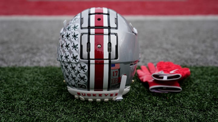 An Ohio State Buckeyes helmet sits on the sideline prior to the NCAA football game against the Indiana Hoosiers at Ohio Stadium in Columbus on Saturday, Nov. 23, 2024.