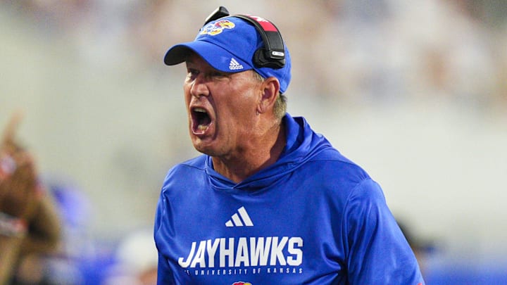 Aug 23, 2025; Lawrence, Kansas, USA; Kansas Jayhawks head coach Lance Leipold reacts after a play during the second half against the Fresno State Bulldogs at David Booth Kansas Memorial Stadium. Mandatory Credit: Jay Biggerstaff-Imagn Images