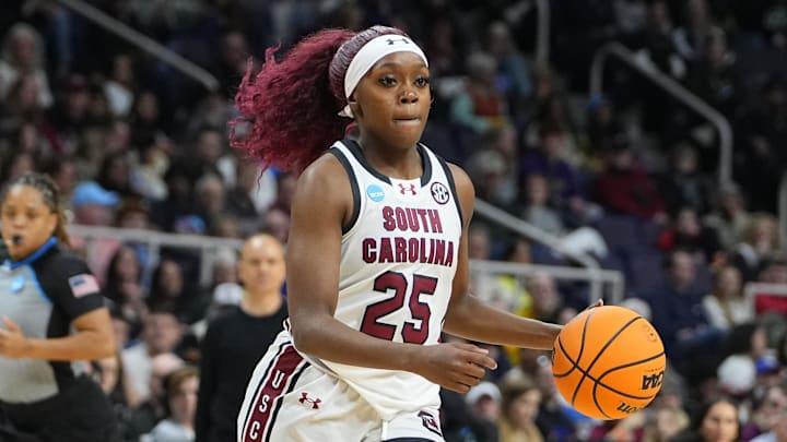 Mar 31, 2024; Albany, NY, USA; South Carolina Gamecocks guard Raven Johnson (25) dribbles the ball