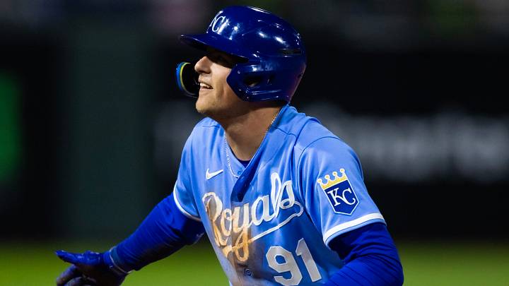 Mar 4, 2023; Surprise, Arizona, USA; Kansas City Royals outfielder Gavin Cross against the Los Angeles Dodgers during a spring training game at Surprise Stadium. Mandatory Credit: Mark J. Rebilas-USA TODAY Sports