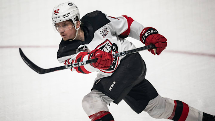 Utica's Graeme Clark takes a shot at the Adirondack Bank Center in Utica on Friday, May 5, 2023.