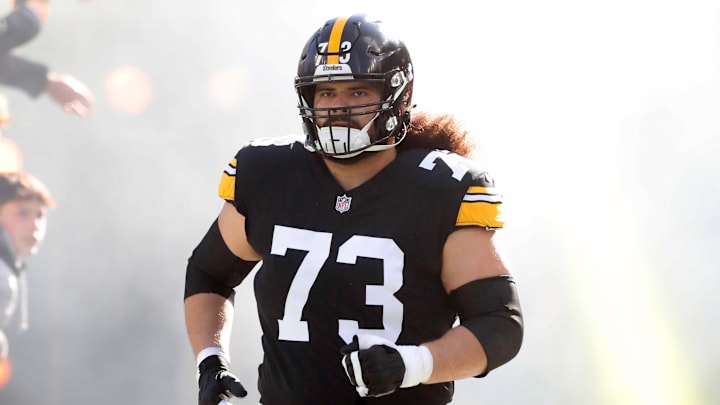 Nov 12, 2023; Pittsburgh, Pennsylvania, USA;  Pittsburgh Steelers guard Isaac Seumalo (73) takes the field against the Green Bay Packers at Acrisure Stadium. Mandatory Credit: Charles LeClaire-Imagn Images
