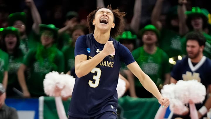 Notre Dame Fighting Irish guard Hannah Hidalgo (3) celebrates during the NCAA women's basketball tournament second round game against the Ohio State Buckeyes at the Jerome Schottenstein Center in Columbus on March 23, 2026. Notre Dame won 83-73.