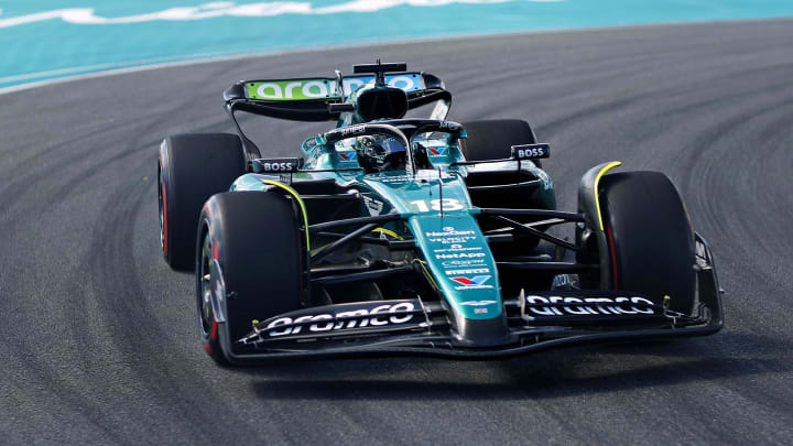 May 4, 2024; Miami Gardens, Florida, USA; Aston Martin driver Lance Stroll (18) during F1 qualifying for Miami Grand Prix at Miami International Autodrome. Mandatory Credit: Peter Casey-USA TODAY Sports