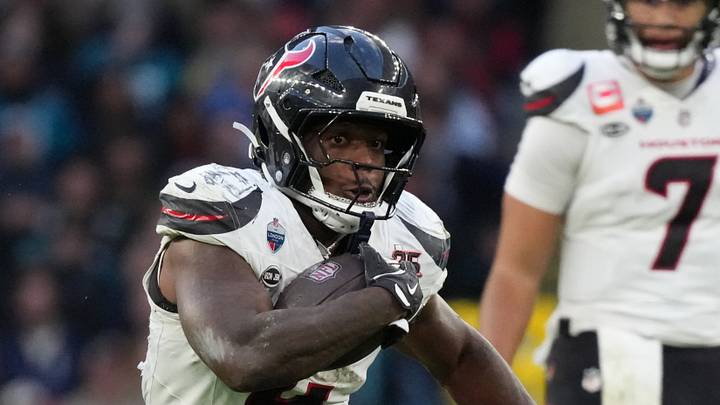 Oct 18, 2026; London, ENG; Houston Texans running back Woody Marks (4) carries the ball during the second half against the Jacksonville Jaguars at Wembley Stadium. Oct 18, 2026; London, ENG; Houston Texans running back Woody Marks (4) carries the ball during the second half against the Jacksonville Jaguars at Wembley Stadium.