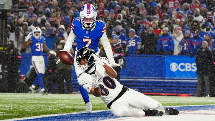 Jan 19, 2025; Orchard Park, New York, USA; Baltimore Ravens tight end Isaiah Likely (80) catches a pass for a touchdown during the fourth quarter against the Buffalo Bills in 2025 AFC divisional round 
