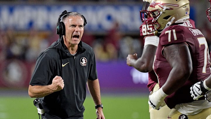Sep 3, 2023; Orlando, Florida, USA; Florida State Seminoles head coach Mike Norvell is excited during the fourth quarter against the Louisiana State Tigers at Camping World Stadium. Mandatory Credit: Melina Myers-USA TODAY Sports