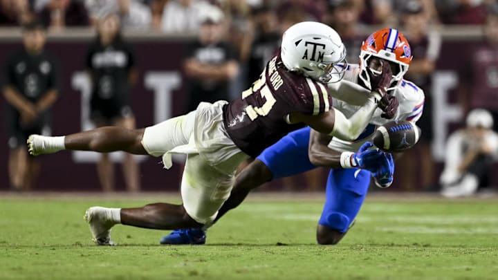 Texas A&M Aggies linebacker Daymion Sanford breaks up a pass intended for Florida Gators tight end Amir Jackson during the fourth quarter at Kyle Field. 