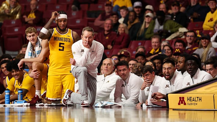Nov 3, 2025; Minneapolis, Minnesota, USA; Minnesota Golden Gophers head coach Niko Medved looks on during the second half against the Gardner-Webb Runnin' Bulldogs at Williams Arena. Mandatory Credit: Matt Krohn-Imagn Images