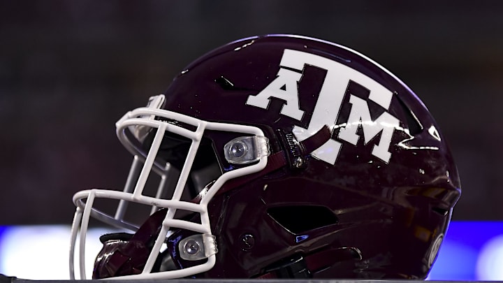 Oct 23, 2021; College Station, Texas, USA;  Texas A&M Aggies helmet on the sideline during the game against the South Carolina Gamecocks at Kyle Field. Mandatory Credit: Maria Lysaker-Imagn Images