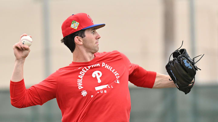 Philadelphia Phillies pitcher Andrew Painter warms up during spring training at BareCare Ballpark. 