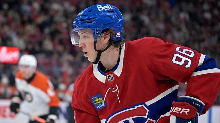 Sep 23, 2025; Montreal, Quebec, CAN; Montreal Canadiens forward Vinzenz Rohrer (96) plays the puck during the second period against the Philadelphia Flyers at the Bell Centre. Mandatory Credit: Eric Bolte-Imagn Images