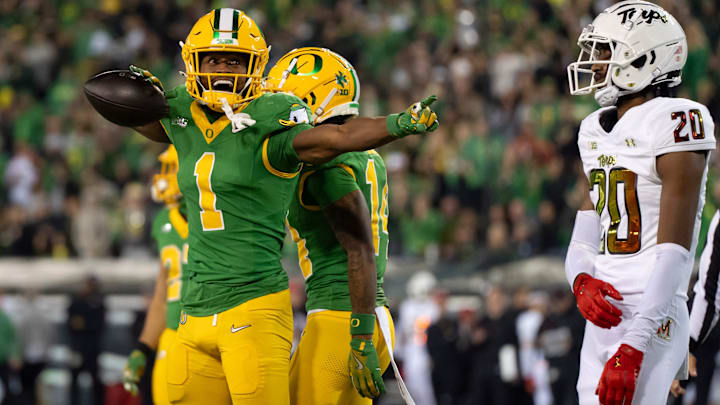 Oregon wide receiver Traeshon Holden celebrates a pass reception as the Oregon Ducks host the Maryland Terrapins.