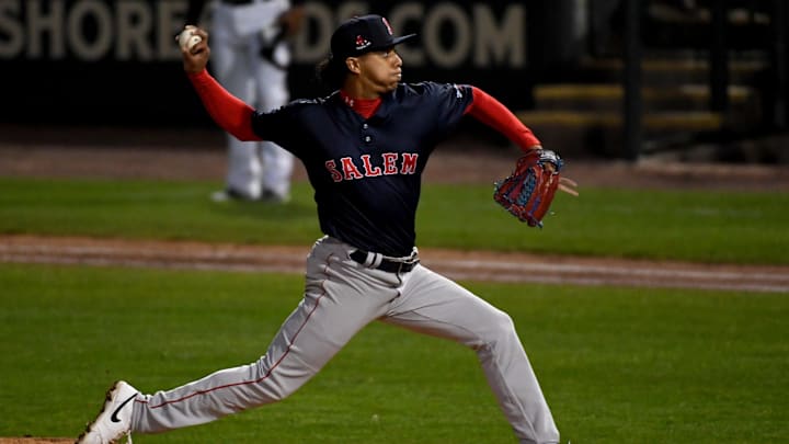 Salem's Jedixson Paez (17) pitches against the Shorebirds Tuesday, April 9, 2024, at Perdue Stadium in Salisbury, Maryland. Salem's Jedixson Paez (17) pitches against the Shorebirds Tuesday, April 9, 2024, at Perdue Stadium in Salisbury, Maryland.