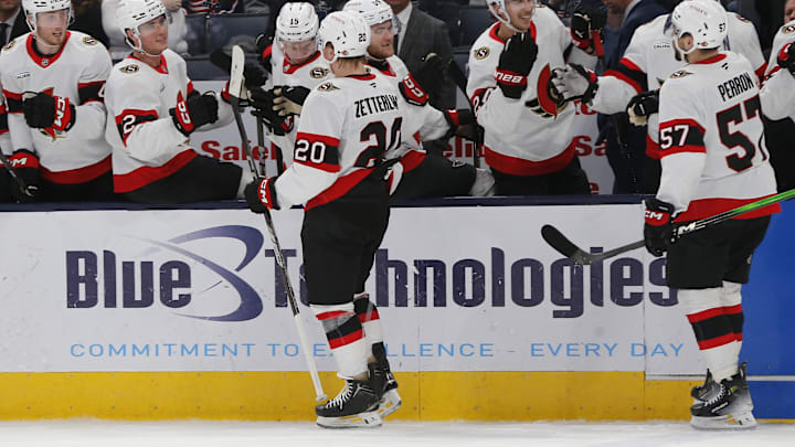 Apr 8, 2025; Columbus, Ohio, USA; Ottawa Senators left wing Fabian Zetterlund (20) celebrates his goal against the Columbus Blue Jackets during the second period at Nationwide Arena. Mandatory Credit: Russell LaBounty-Imagn Images