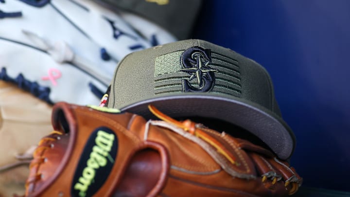 A detailed view of the Seattle Mariners armed forces day hat in the dugout against the Atlanta Braves in the first inning at Truist Park in 2023.