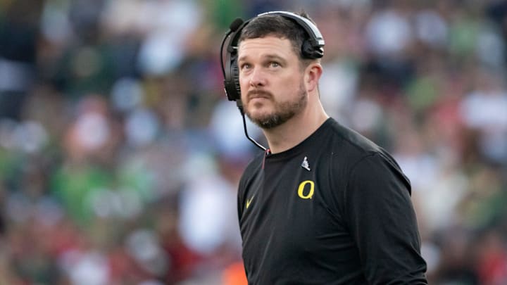 Oregon head coach Dan Lanning looks to the clock towards the end of the first half as the Oregon Ducks face the Ohio State Buckeyes Wednesday, Jan. 1, 2025, in the quarterfinal of the College Football Playoff at the Rose Bowl in Pasadena, Calif.
