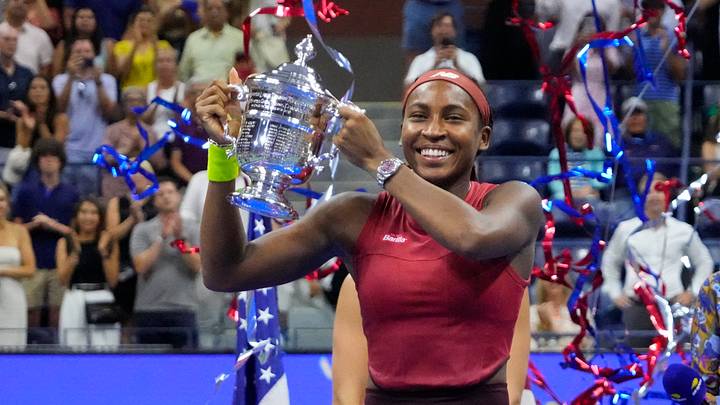Sep 9, 2023; Flushing, NY, USA; Coco Gauff of the United States celebrates with the championship trophy after her match against Aryna Sabalenka in the women's singles final on day thirteen of the 2023 U.S. Open tennis tournament at USTA Billie Jean King Tennis Center. Mandatory Credit: Robert Deutsch-USA TODAY Sports Sep 9, 2023; Flushing, NY, USA; Coco Gauff of the United States celebrates with the championship trophy after her match against Aryna Sabalenka in the women's singles final on day thirteen of the 2023 U.S. Open tennis tournament at USTA Billie Jean King Tennis Center. Mandatory Credit: Robert Deutsch-USA TODAY Sports