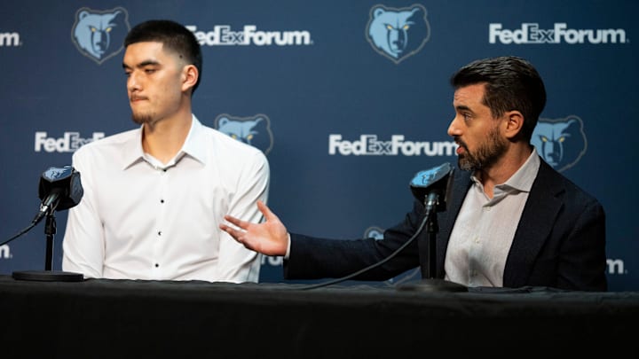 Zach Kleiman, Grizzlies president and general manager of basketball operations, speaks about the team’s draft picks as first-round pick Zach Edey looks on during a press conference to introduce the 2024 NBA Draft picks at FedExForum on Friday, June 28, 2024.