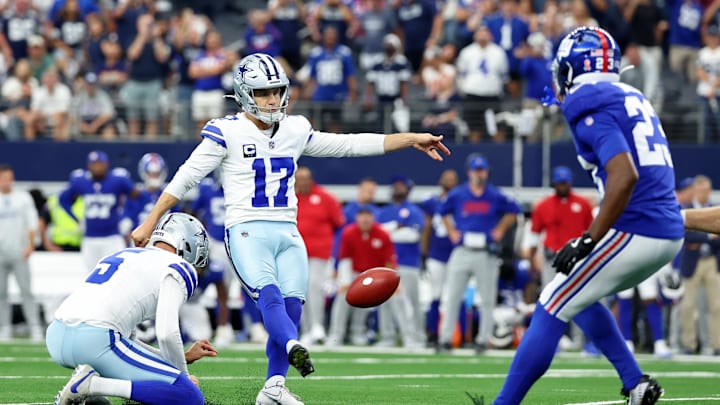 Dallas Cowboys place kicker Brandon Aubrey kicks the game-winning field goal against the New York Giants.