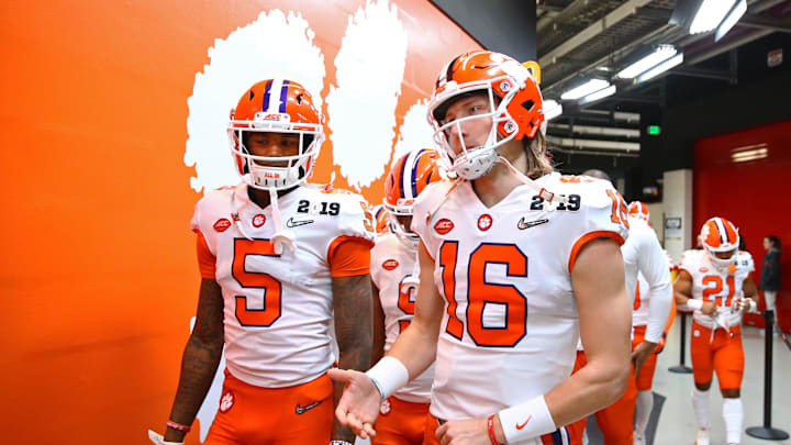 Jan 7, 2019; Santa Clara, CA, USA; Clemson Tigers quarterback Trevor Lawrence (16) and wide receiver
