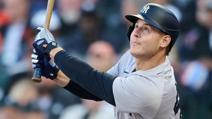 Jun 1, 2024; San Francisco, California, USA; New York Yankees infielder Anthony Rizzo (48) bats against the San Francisco Giants during the second inning at Oracle Park. Mandatory Credit: Robert Edwards-USA TODAY Sports