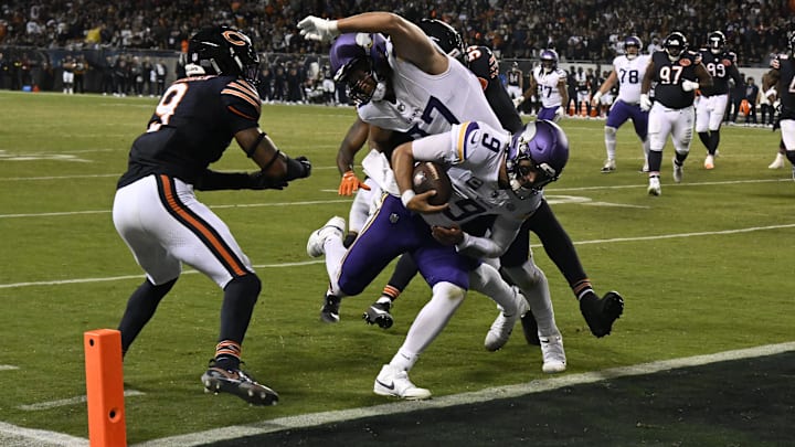 Vikings QB J.J. McCarthy bulls into the end zone for a decisive touchdown in the fourth quarter in Monday night's Bears loss.