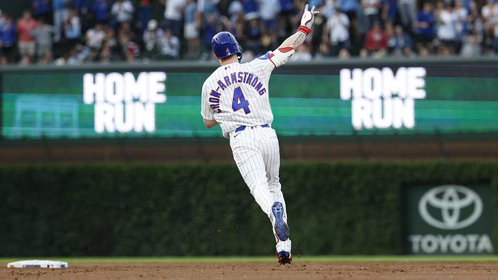 Jun 3, 2026; Chicago, Illinois, USA; Chicago Cubs center fielder Pete Crow-Armstrong (4) rounds the bases after hitting a two-run home run against the Athletics during the third inning at Wrigley Field. Mandatory Credit: Kamil Krzaczynski-Imagn Images