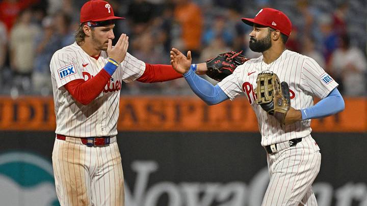 Aug 17, 2026; Philadelphia, Pennsylvania, USA; Philadelphia Phillies second baseman Bryson Stott (5) high fives center fielder Derek Hill (49) after win against the Miami Marlins at Citizens Bank Park. Mandatory Credit: Eric Hartline-Imagn Images Aug 17, 2026; Philadelphia, Pennsylvania, USA; Philadelphia Phillies second baseman Bryson Stott (5) high fives center fielder Derek Hill (49) after win against the Miami Marlins at Citizens Bank Park. Mandatory Credit: Eric Hartline-Imagn Images