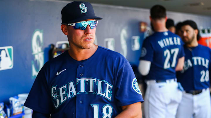 Aug 25, 2022; Seattle, Washington, USA; Seattle Mariners designated hitter Jake Lamb (18) stands in Aug 25, 2022; Seattle, Washington, USA; Seattle Mariners designated hitter Jake Lamb (18) stands in